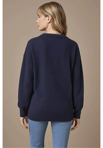 Fashion Friends Bisiklet Yaka Nakışlı İndigo Kadın Kazak 25k0313k1