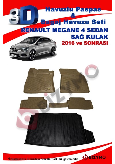 Renault Megane 4 Sedan Sağ Kulak Bej Havuzlu Paspas Ve Bagaj Seti Bej