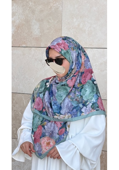 Qalortex Scarf Pamuklu Gonca Desen Eşarp - Su Yeşil