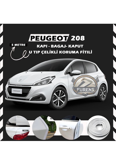 Peugeot 208 Oto Araç Kapı Koruma Fitili 5metre Parlak Beyaz Renk