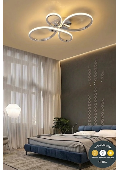 Liya Tasarım Krom Led Plafonyer Avize - 3 Renk Işıklı Ayarlanabilir Modern Aydınlatma