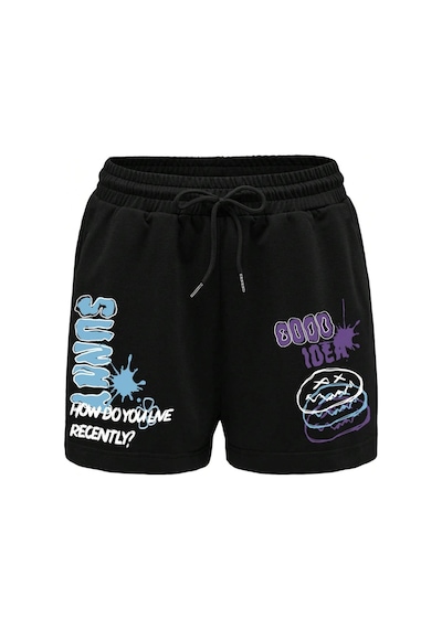 Tarzsokak Letter Graphic Drawstring Waist Şort Siyah