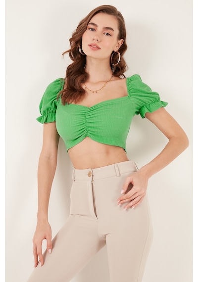 Lela Slim Fit Büzgü Detaylı Kalp Yaka Crop Bayan Bluz 5865601 Benetton