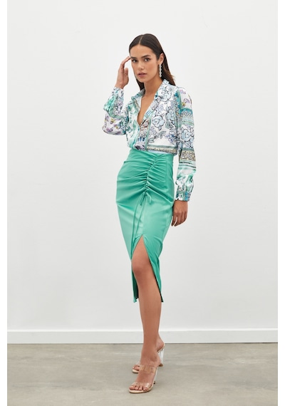 Sateen Büzgü Detaylı Saten Etek - Mint Mint Yeşili