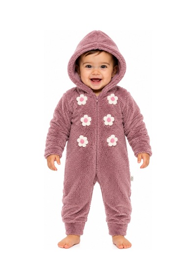 Chicsy Baby Tatlı Kız Bebek Çiçekli Welsoft Tulum 3d Papatya Detaylı Kapüşonlu Fermuarlı Peluş Kışlık Bebek Tulumu Gül Kurusu