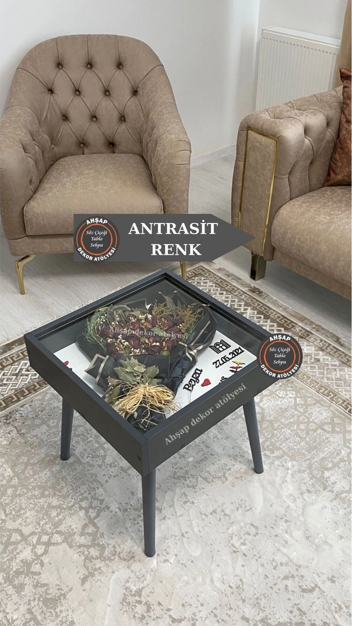 Ahsen Ahşap Buket Anı Sehpası Kişiye Özel Ahşap Dekoratif Hatıra Sehpası Antrasitb