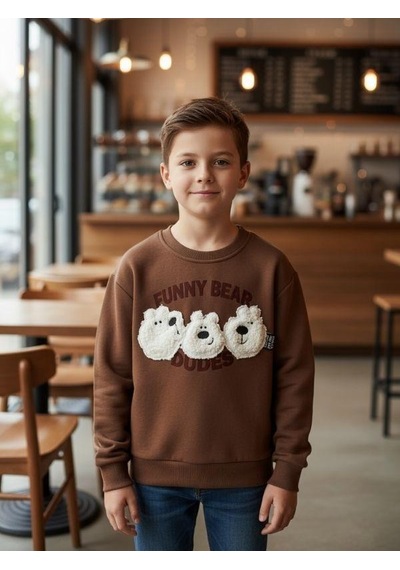 Zekids Erkek Çocuk Peluş Ayıcık İşlemeli Sweatshirt-16393 Kahverengi