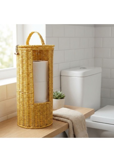 Askılı Plastik Rattan Tuvalet Kâğıdı Standı Hasır Görünümlü, Kapaklı, Yedekli Wc Kâğıtlık, Banyo Ve Tuvalet İçin Dekoratif Organizer Altın