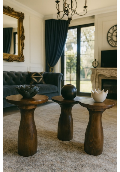 Ahşap Mantar Sehpa 3 Lü Set Ceviz Renk Zigon Ve Fiskos Sehpa Takımı - Coffee Table Ceviz