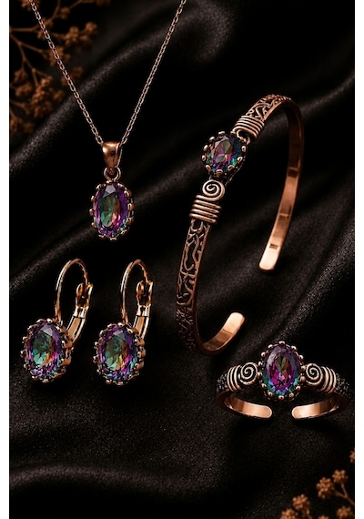 Kadın Mistik Topaz Taşlı Bakır Takı Seti Kolye Küpe Bileklik Yüzük Ayarlanabilir Otantik Şık Tasarım