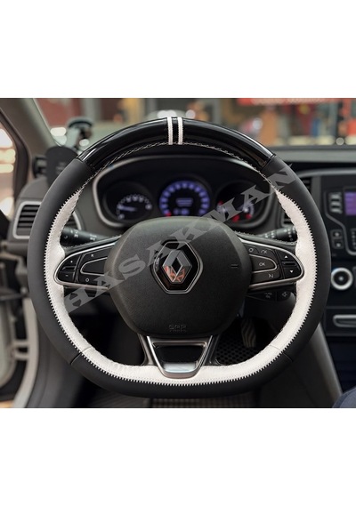 Renault Clio 5 Dikme Direksiyon Kılıfı Parlak Siyah Beyaz Detaylı Beyaz Çift Yüzük Ve Dikiş 2019-2024