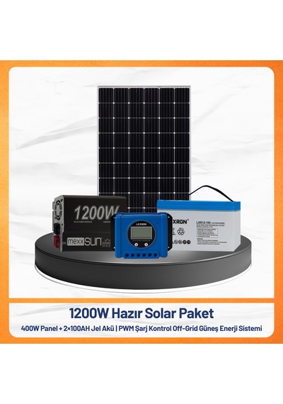 1200w Hazır Solar Paket 400w Panel + 2x100ah Jel Akü + Pwm Şarj Kontrollü Off-grid Güneş Enerji Sistemi