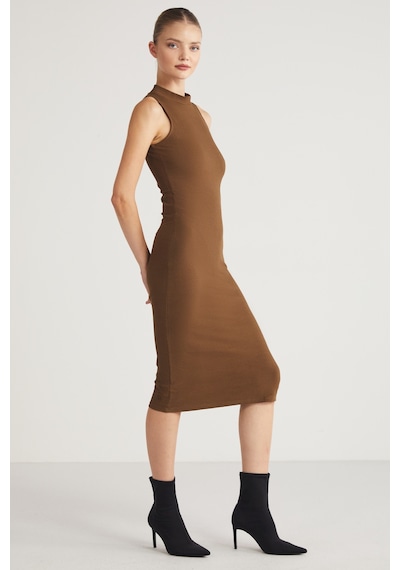 Grımelange Pannı Kadın Bisiklet Yaka Kolsuz Slim Fit Midi Kahverengi Elbise