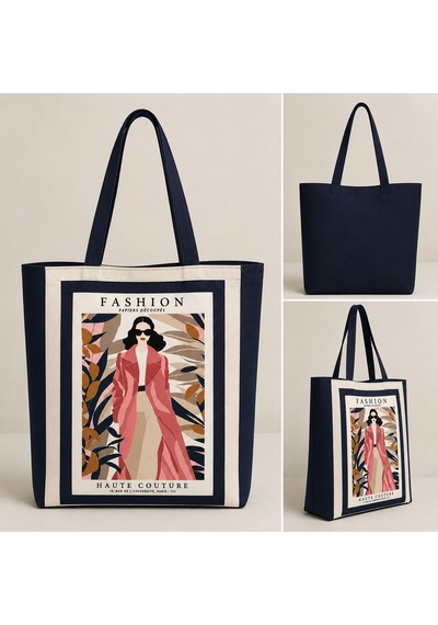 Patch&soul Patchwork Pano Desenli Tote Çanta Bej - Lacivert