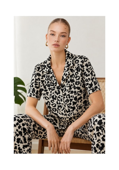 Fit Women Kadın Kısa Kol Comfort Leopar Pijama Takımı 4737 Siyah