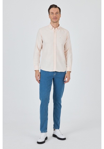 İmza Uzun Kol Desenli Armürlü Düğmeli Yaka Cepsiz Pamuklu Classic Slim Fit Gömlek 1004250205 Somon