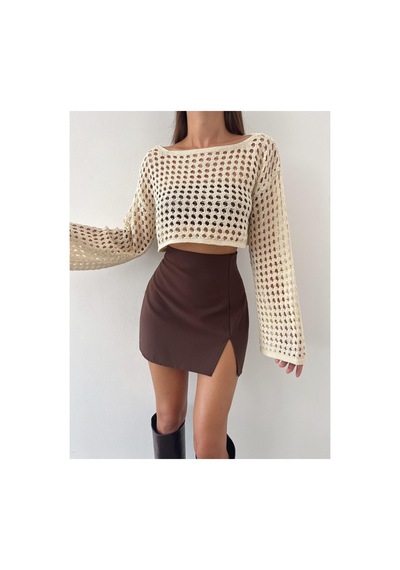 Munora Butik Uzun Kollu Taş Triko Crop Bluz Taş Taş