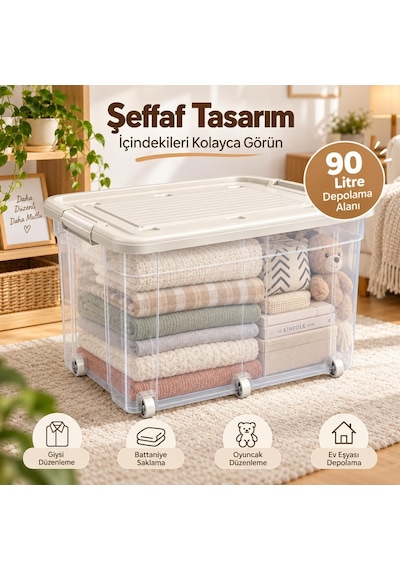 Tr Tekerlekli Saklama Kutusu Şeffaf 90 L Krem Genel