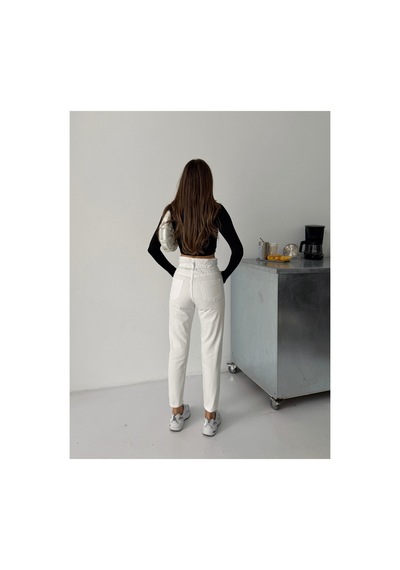Blue Marlın Kadın Beyaz Patlet Düğmeli Kemer Büzgülü Mom Jeans Beyaz