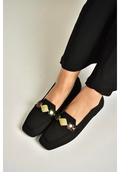 Fox Shoes Y820400304 Siyah Triko Kumaş Boncuk Detaylı Kadın Babet