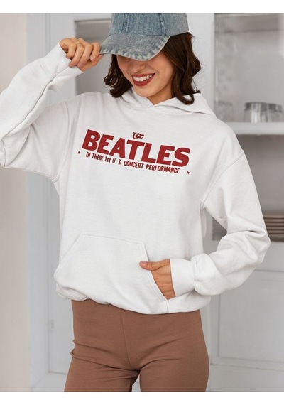 Sevbano The Beatles Müzik Grubu Baskılı Unisex Oversize 1964 Hoodie Beyaz