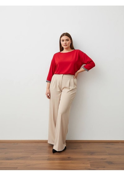 Pera Moda Büyük Beden Yakası Ve Kol Manşeti Taşlı Oversize Uzun Gömlek Kırmızı