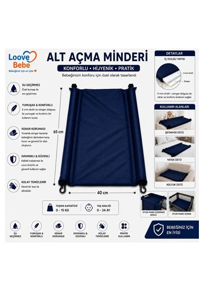 Bebek Alt Açma Minderi Bakım Örtüsü Silenebilir Kolay Kullanım 65 X40 Cm Lacivert