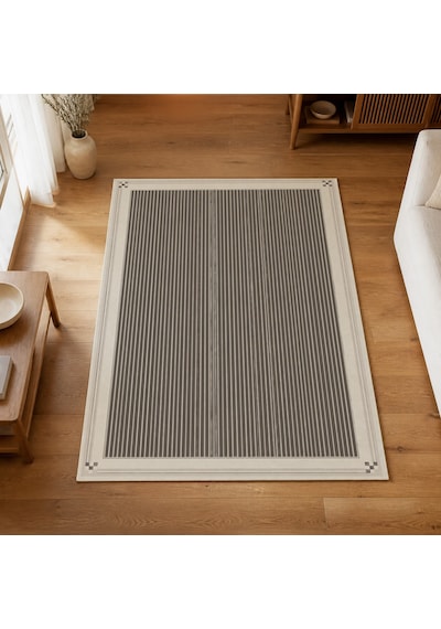 Kartela Halı İnce Çizgili Bordürlü Halı Açık Gri Kaymaz Taban Makinede Yıkanabilir 160x240 Cm