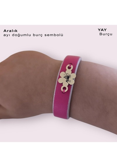 Yay Burçlarına 14 Ayar Altın Plakalı Çiçek Motifli Doğal Pembe Derili Hediye Bileklik-383burç Yay