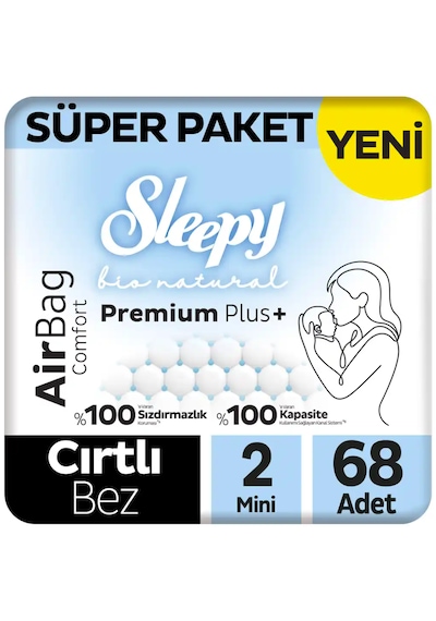Sleepy Bio Natural Premium Plus Airbag Comfort Süper Paket Bebek Bezi 2 Numara Mini 68 Adet