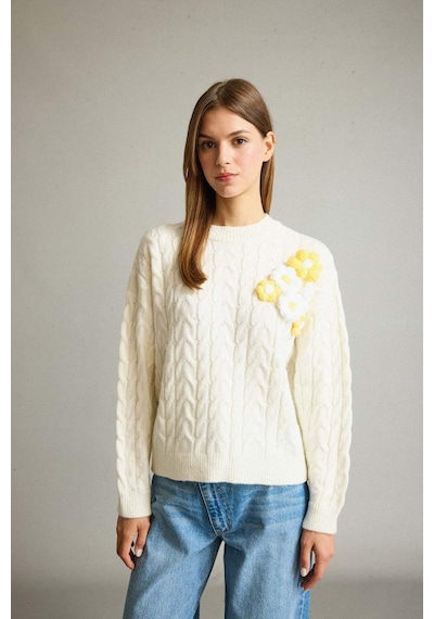 Defacto Bisiklet Yaka Çiçekli Triko Kazak G3343ax25auer103 Ekru-er103