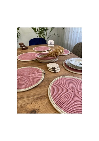 Jüt Hasır Amerikan Servis Supla Bardak Altı Ve Sepet 13 Parça Pembe Krem Pembe Krem