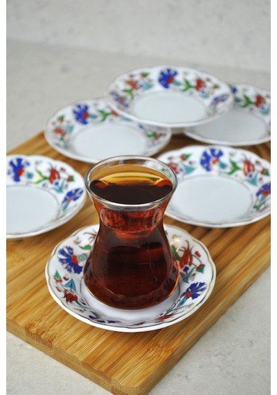 6'lı Porselen Çay Tabağı Lale Motifli Osmanlı Deseni Beyaz - mavi