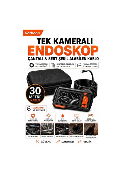 Ekranlı Tek Kameralı 30 Mt Sert Kablo Yılan Endoskop Kamera 8 Mm 4.3 Inc Çok Renkli