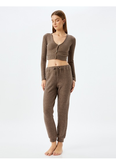 Koton Uzun Kollu Düğmeli V Yaka Crop Örme Pijama Üstü Vizon 5wlk40187mk