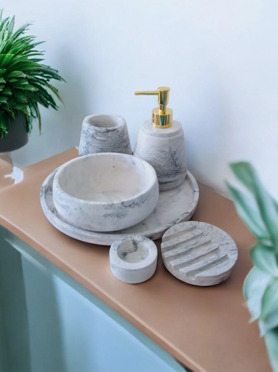 6'lı Mermer Desen Beton Banyo Seti ,sıvı Sabunluk Diş Fırçalığı Aksesuar Takımı Gri