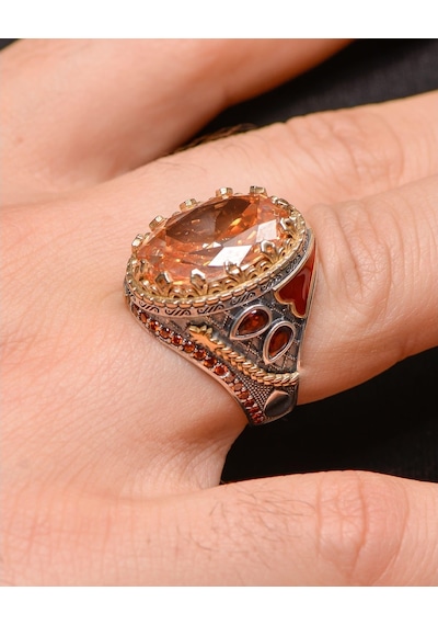 Gümüş Erkek Yüzük Sitrin Taşlı Şampanya Topaz Taş Süslemeli