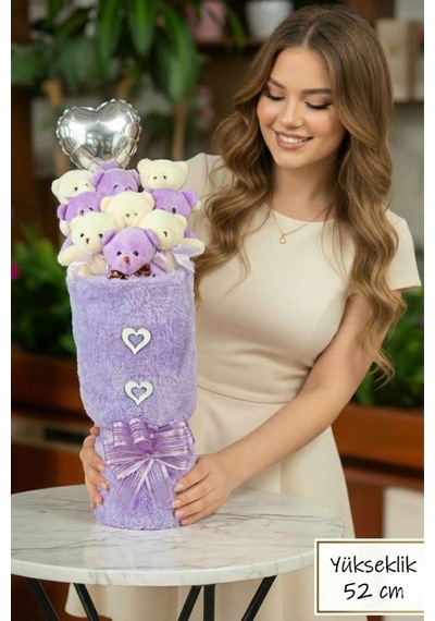 Kadınlar Gününe Özel: Deluxe Mor-beyaz Peluş Ayıcık Kalp Balonlu Peluş Vazo Tasarımlı Ayıcık Buketi