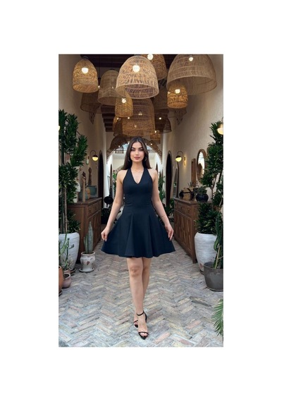 Moda Banuş V Yaka Siyah Slim Fit Mini Elbise-dar Kalıp