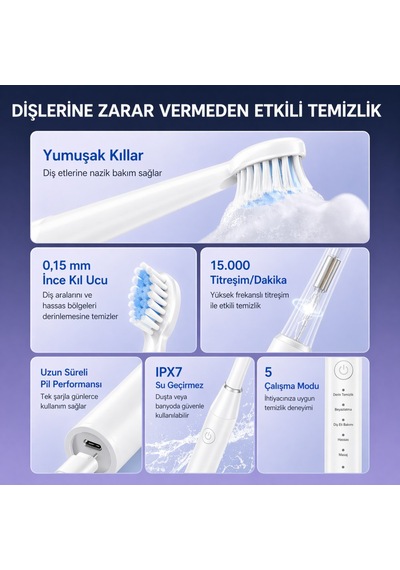 Akıllı Sonik Diş Fırçası 15000 Titreşim/dk 5 Mod Type-c Şarj Ipx7 Su Geçirmez Şarjlı Elektrikli Diş Fırçası
