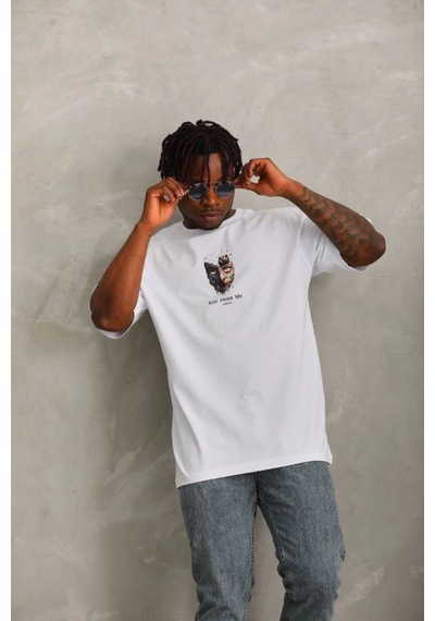 Oversize Baskılı Bisiklet Yaka T-shirt - Beyaz -