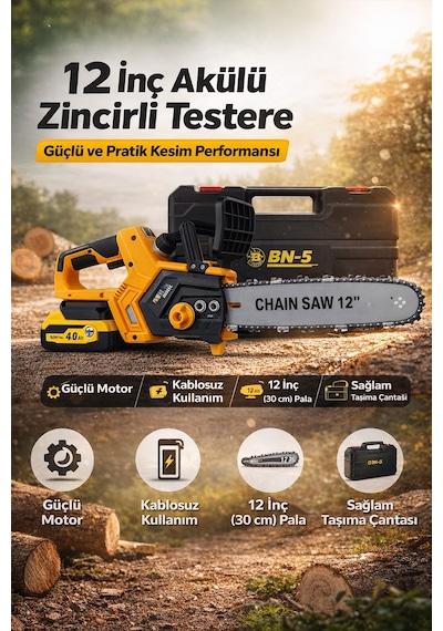 12 İnç Akülü Zincirli Testere Güçlü Ve Pratik Kesim Performansı