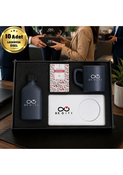 Logonuza Özel 10 Adet Kutulu Ahşap Altlıklı Antrasit Fincan & Kolonya & & Aromalı Kahve Seti Ahşap Kutulu Kurumsal Hediye Seti