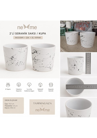 Tr 2'li Seramik Saksı/dekoratif Kupa Seti Beyaz Siyah Desenli Modern Dekoratif El Yapımı Tasarım - 10 Cm Diğer