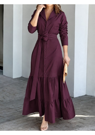 Suma Kadın Uzun Kollu Fırfırlı Beli Kuşaklı Keten Gömlek Elbise Mürdüm