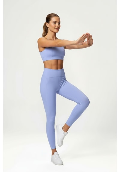 Yüksek Bel Toparlayıcı Tayt & V Sırt Destekli Spor Sütyeni - Sculpt Set Mavi