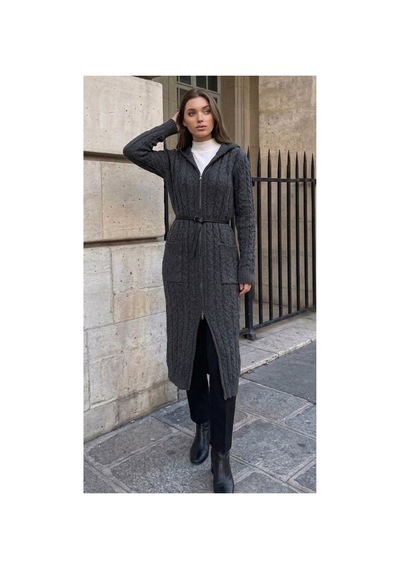 Onno Style Women Saç Örgü Triko Uzun Kadın Hırka Gri