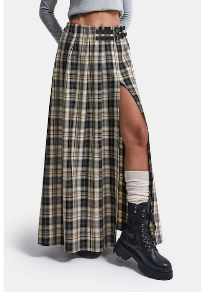 Kadın Sarı Gri Ekose W6-34 Maxi Boy Kemer Detaylı Özel Tasarım Etek