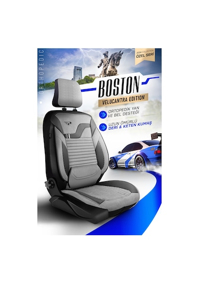 Gri - Siyah Garni Panda Boston Serisi Velucantra Kumaş Oto Koltuk Kılıfı - Tam Set