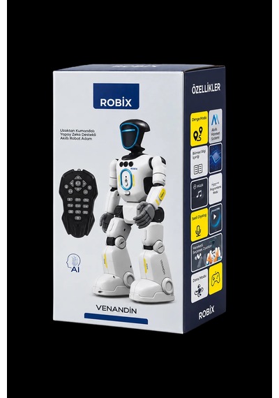 Venandin Robix Türkçe Konuşan Uzaktan Kumandalı Akıllı Robot Adam - Şarjlı, Led Işıklı, Dans Eden Eğitici Oyuncak Robot 31 Cm